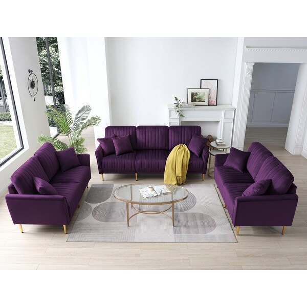 Purple Luxurious Velvet Sofa Set with Removable Tufted Cushions (3
